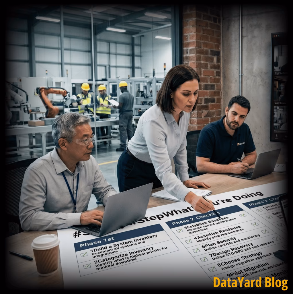 Image of a manufacturing team on a video call with an IT team reviewing a cloud migration checklist. &ldquo;DataYard Blog&rdquo; appears in the corner.
