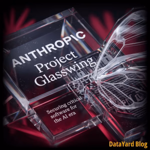 Images of glass screen that says "Anthropic Project Glasswing" with subheader that says "securing critical software for the AI era". On the right of the glass is a glass wing of a butterfly.