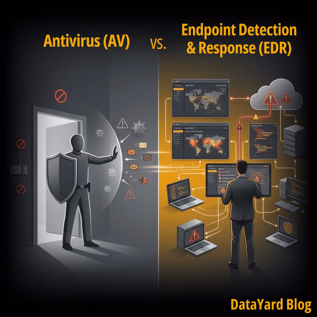 Antivirus vs. EDR illustration showing a security guard blocking threats at a doorway to represent antivirus protection, alongside a cybersecurity analyst monitoring laptops, servers, and multiple endpoints in real time to represent Endpoint Detection & Response (EDR).