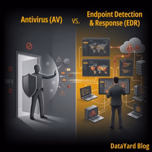 Antivirus vs. EDR illustration showing a security guard blocking threats at a doorway to represent antivirus protection, alongside a cybersecurity analyst monitoring laptops, servers, and multiple endpoints in real time to represent Endpoint Detection & Response (EDR).
