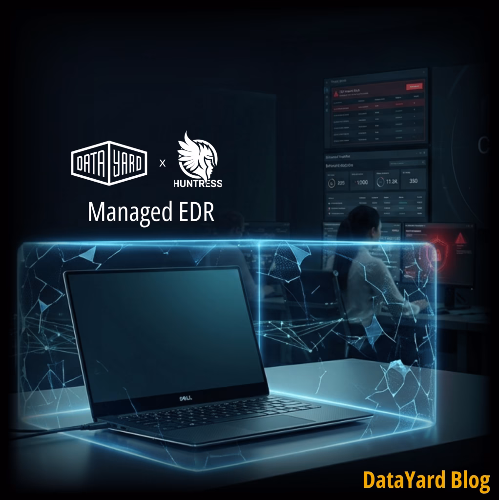 DataYard and Huntress Managed EDR security monitoring detecting and containing a cyber threat to a single endpoint before it spreads across the network in this Managed EDR Webinar Recap Blog